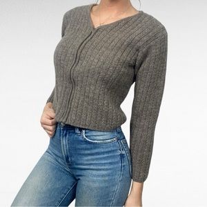VINTAGE | L.L. Bean Taupe Brown Ribbed Knit Full Zip V-Neck Sweater 100% Wool